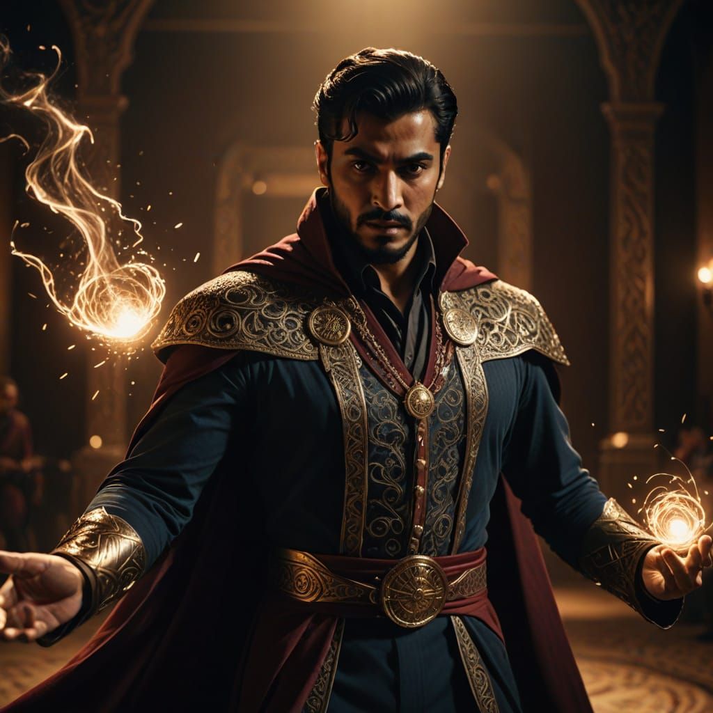 Arabic Superhero Magician on Stage in Cinematic Style