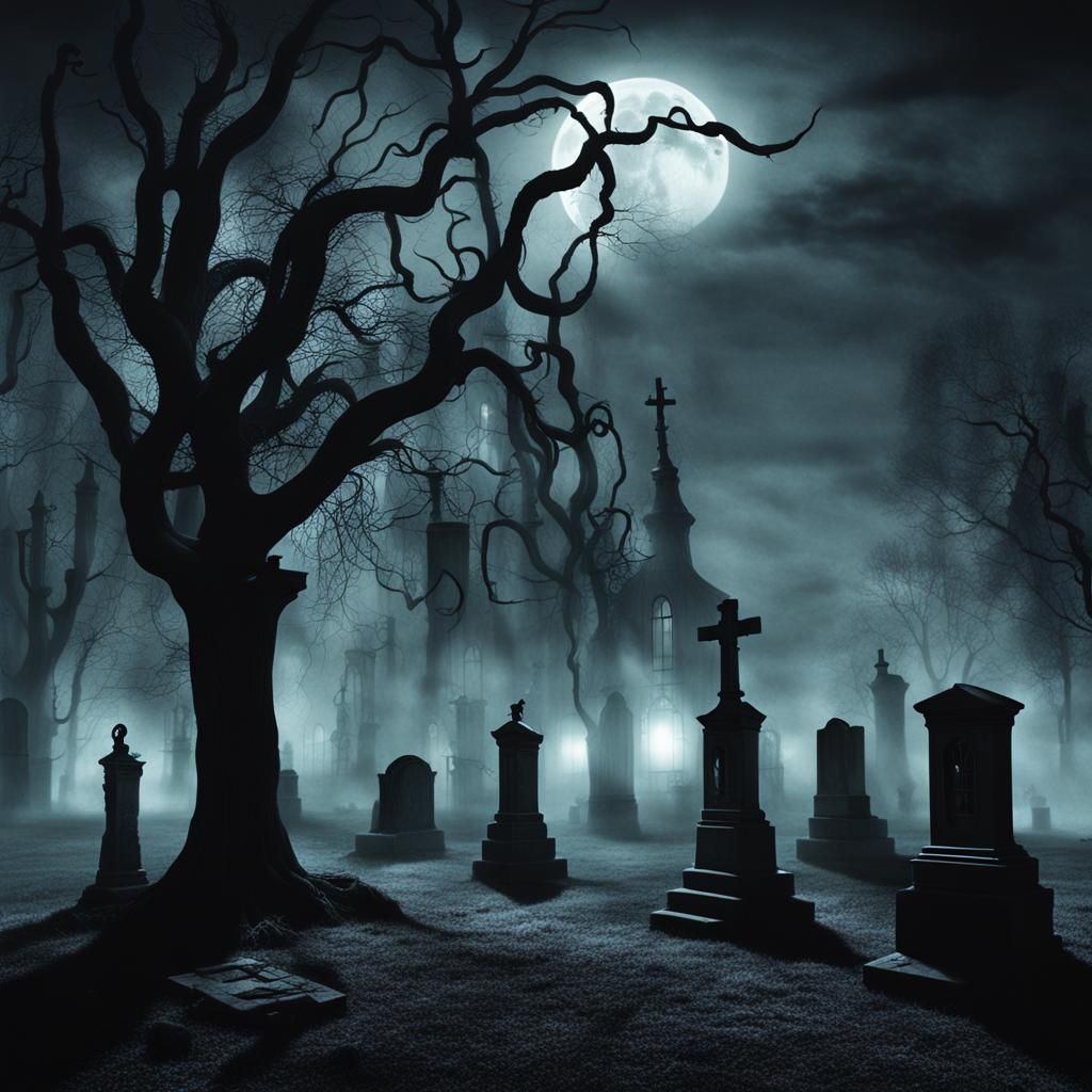 Moonlit Graveyard: Surreal Fog and Twisted Trees