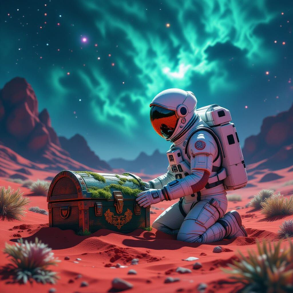 Astronaut and Alien Treasure Chest on Mars