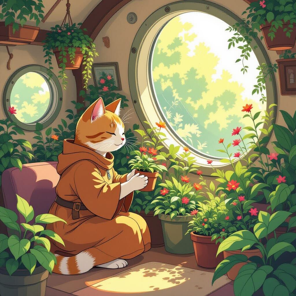 Anthropomorphic Cat Gardener in Ghibli-esque Spaceship