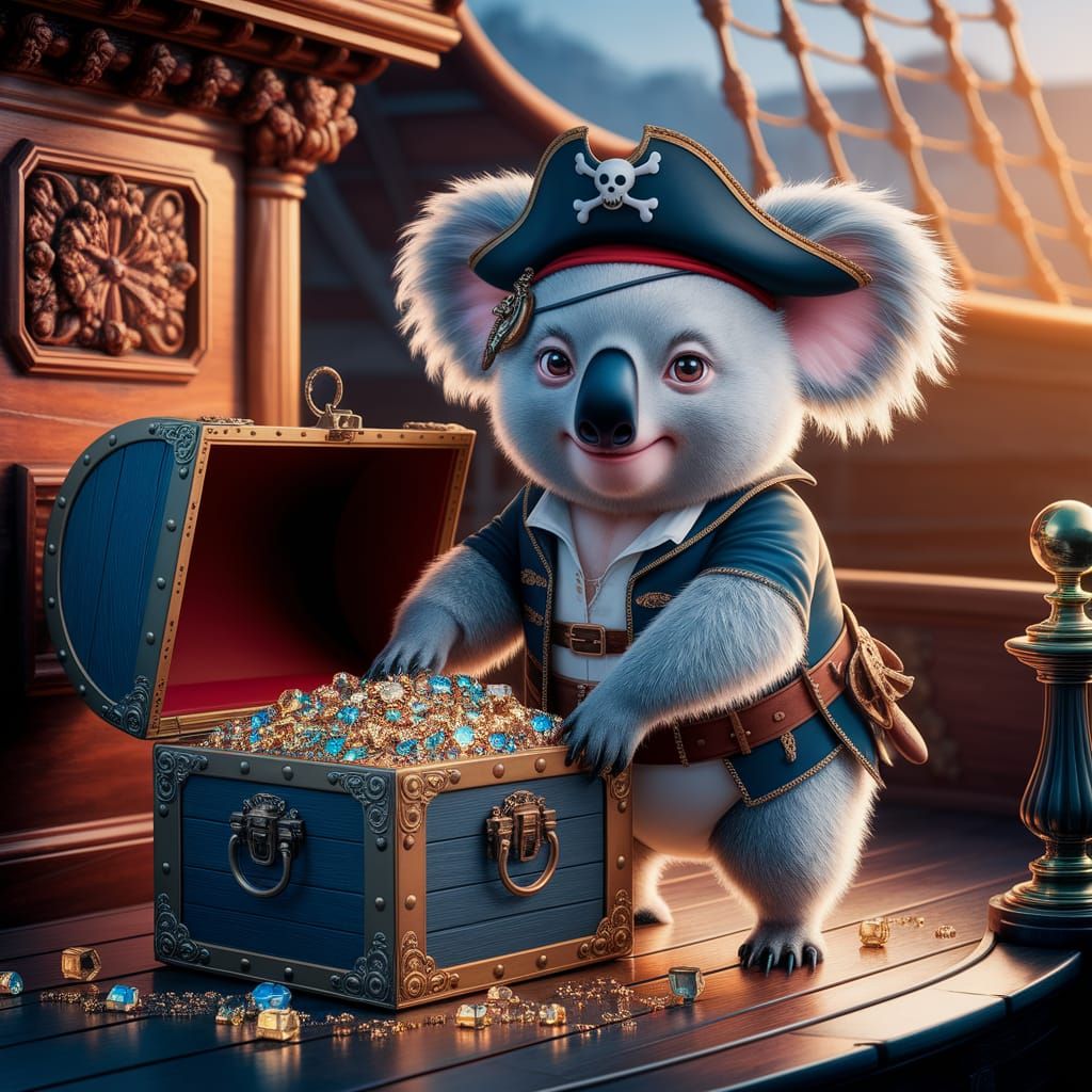 Pirate Koala Guarding Treasure Chest in Digital Art