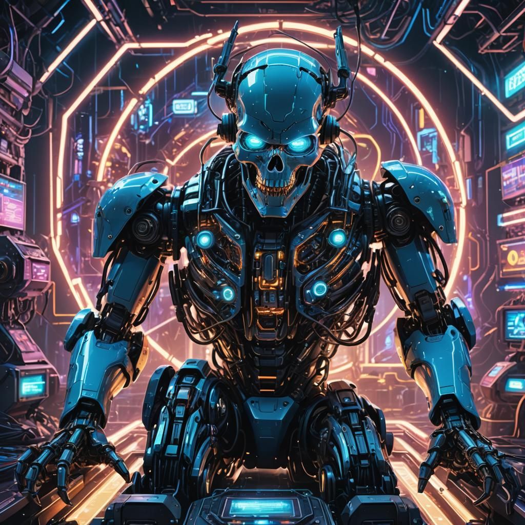 Futuristic Robot Overlord in Cyberpunk Cityscape