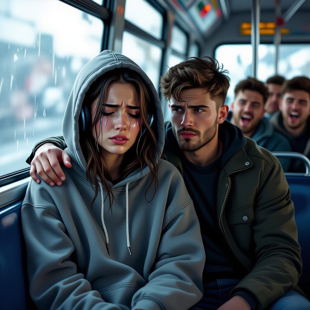 Vulnerable Woman Protected on Bus, Cinematic Style