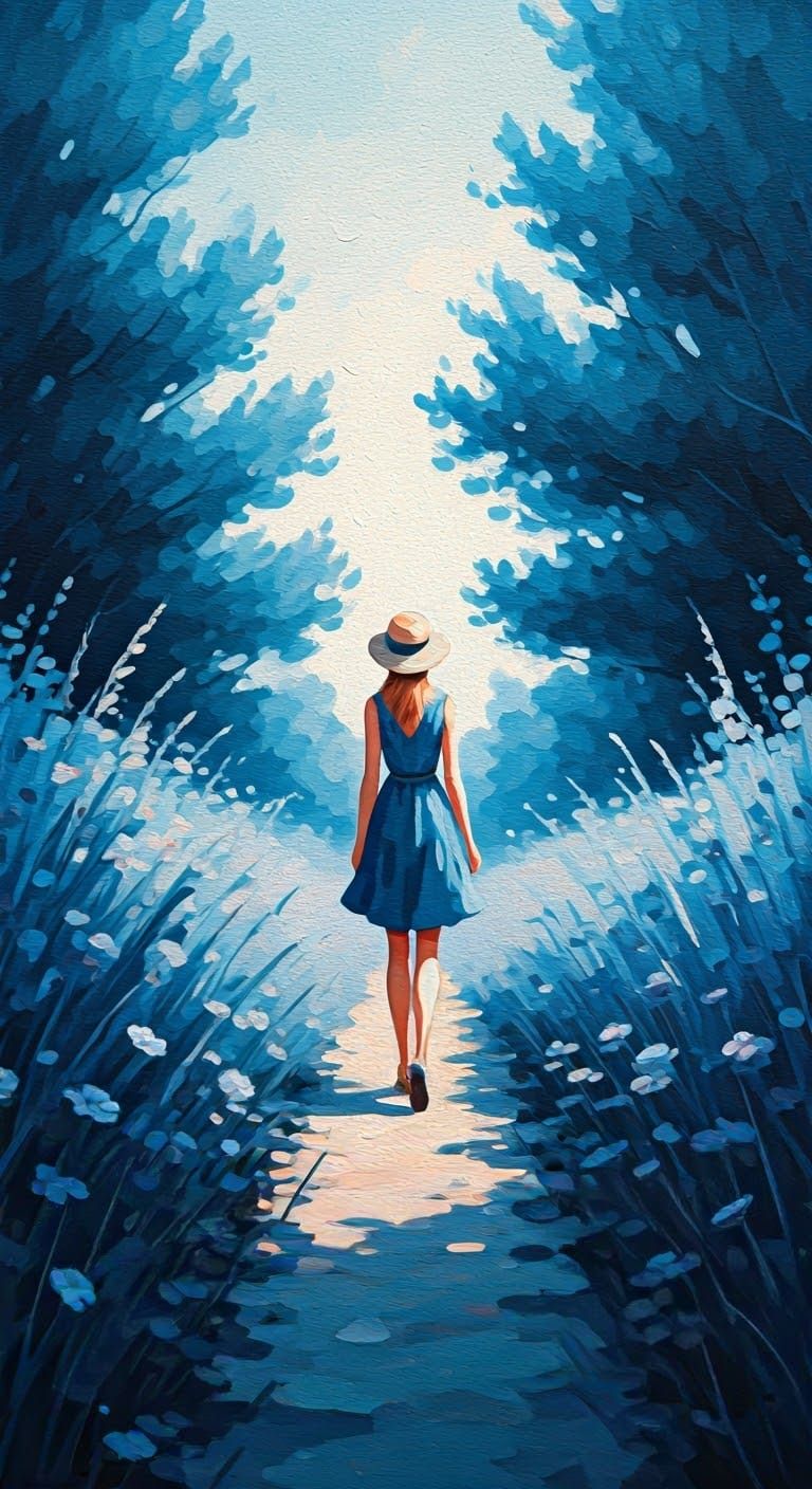 Blue Figure Among Wildflowers: Impressionist Style