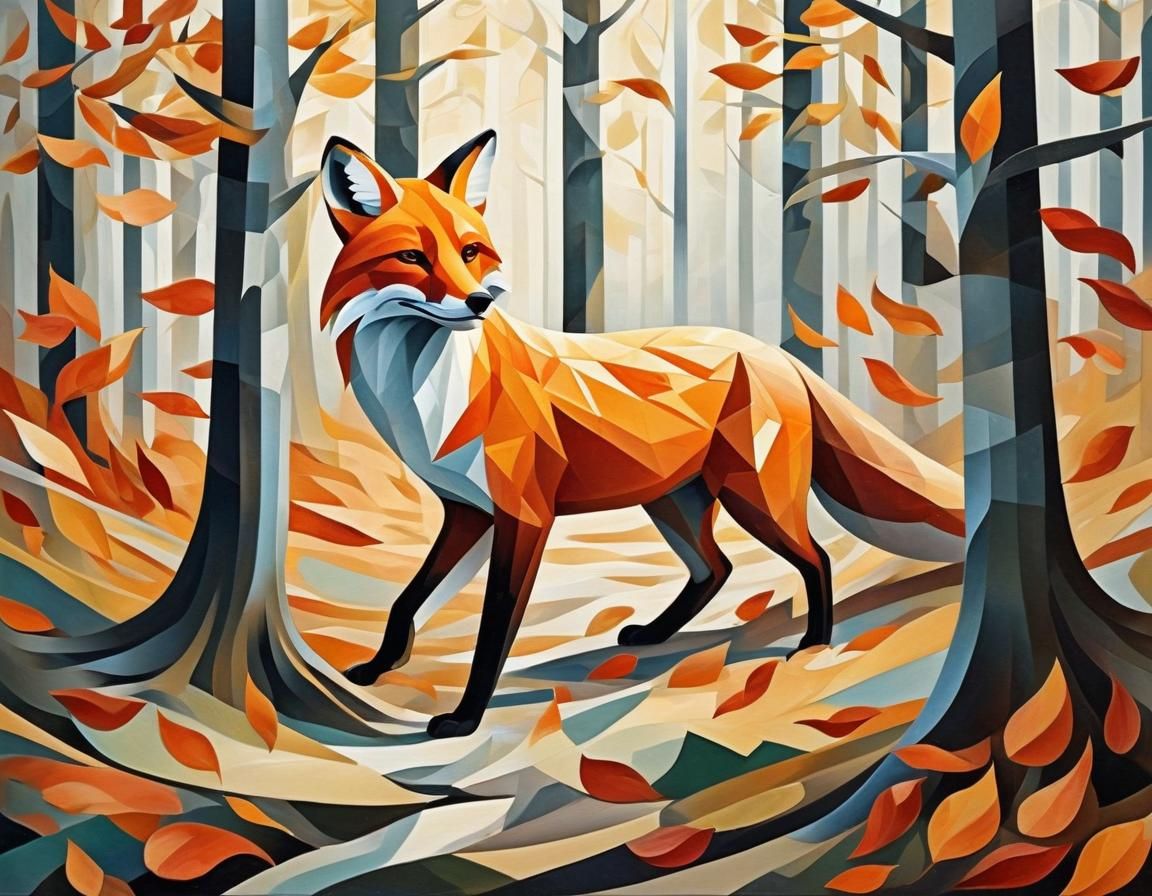 Embossed Fox in Autumn Forest, Cubist Style