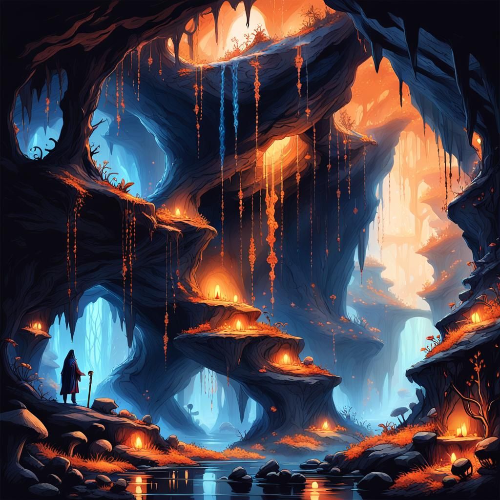 Mysterious Dark Fantasy Cave with Glowing Fungi