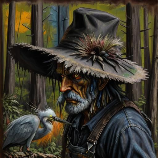 Old Man Battles Demonic Heron in Impasto Painting