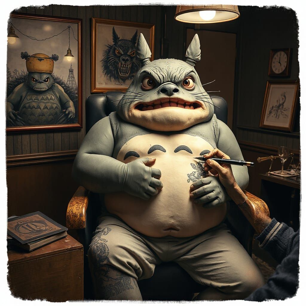 Totoro Gets a Dark, Surreal Tattoo in a Vintage Parlor