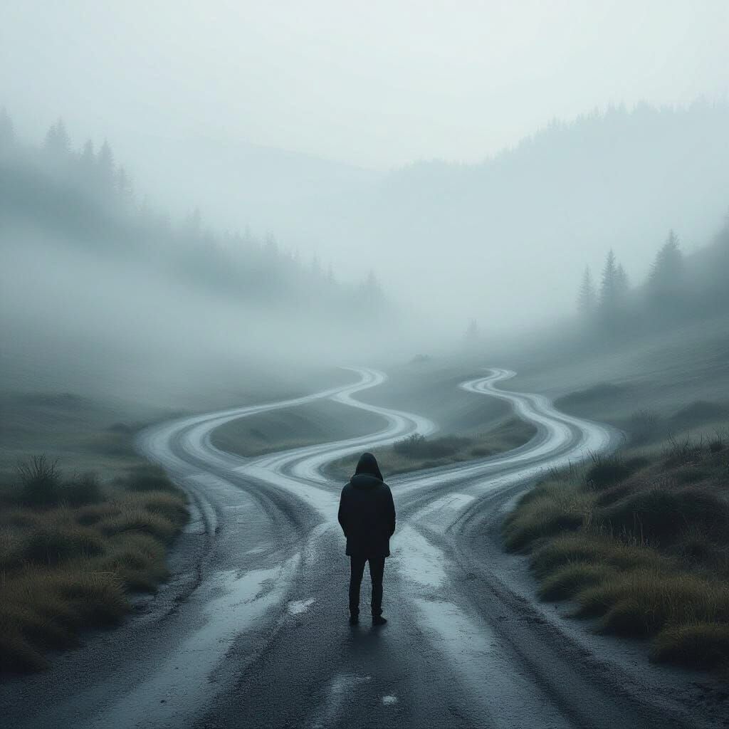 Contemplative Figure at Crossroads in Dreamlike Haze