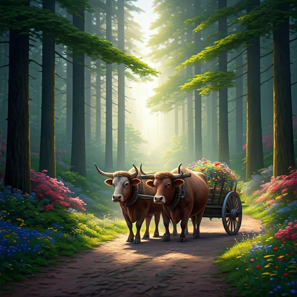 Oxen Pulling Flower Cart Through Mystical Woods