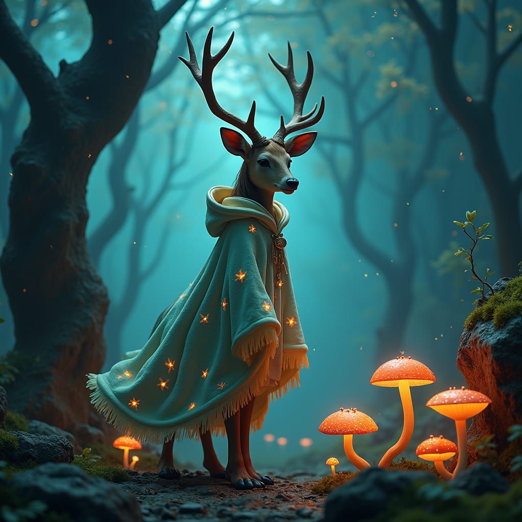 Enchanted Deer Girl in Bioluminescent Forest