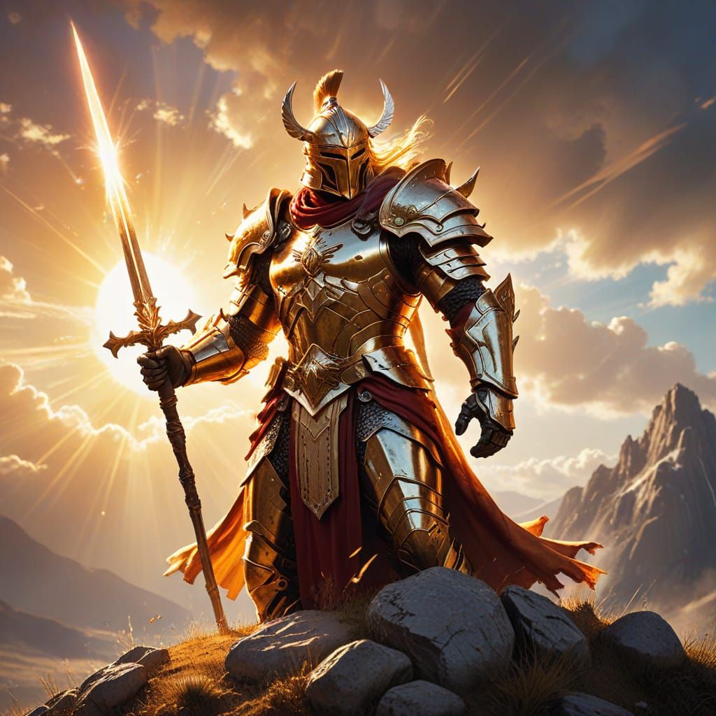 Warrior of Light at Sunset: Fantasy Illustration