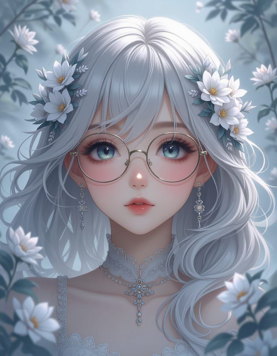 Anime Girl with Silver Hair and Floral Glasses