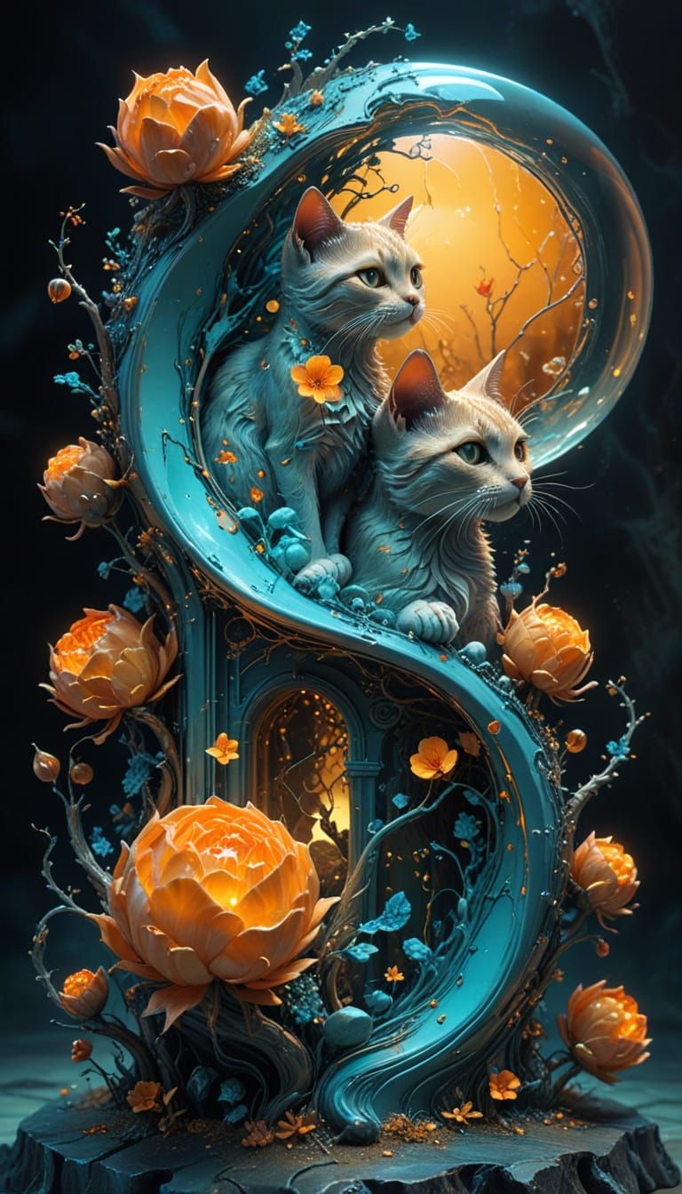 Dreamy Surreal Space with Whimsical Cats