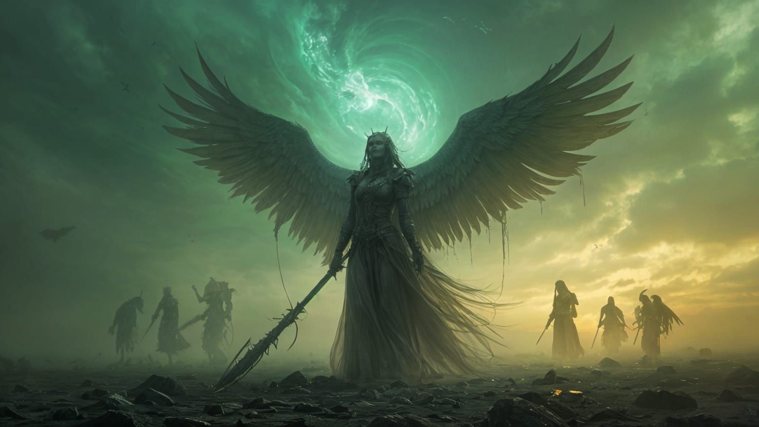 Battle-Scarred Valkyrie Stands Amidst a Haunting Fantasy Bat...