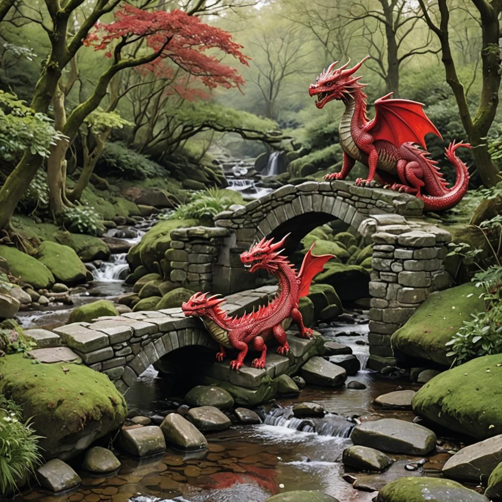 A Dragons on a stone bridge arching over a babbling brook, with crystal clear water and a cascading over smooth rocks.