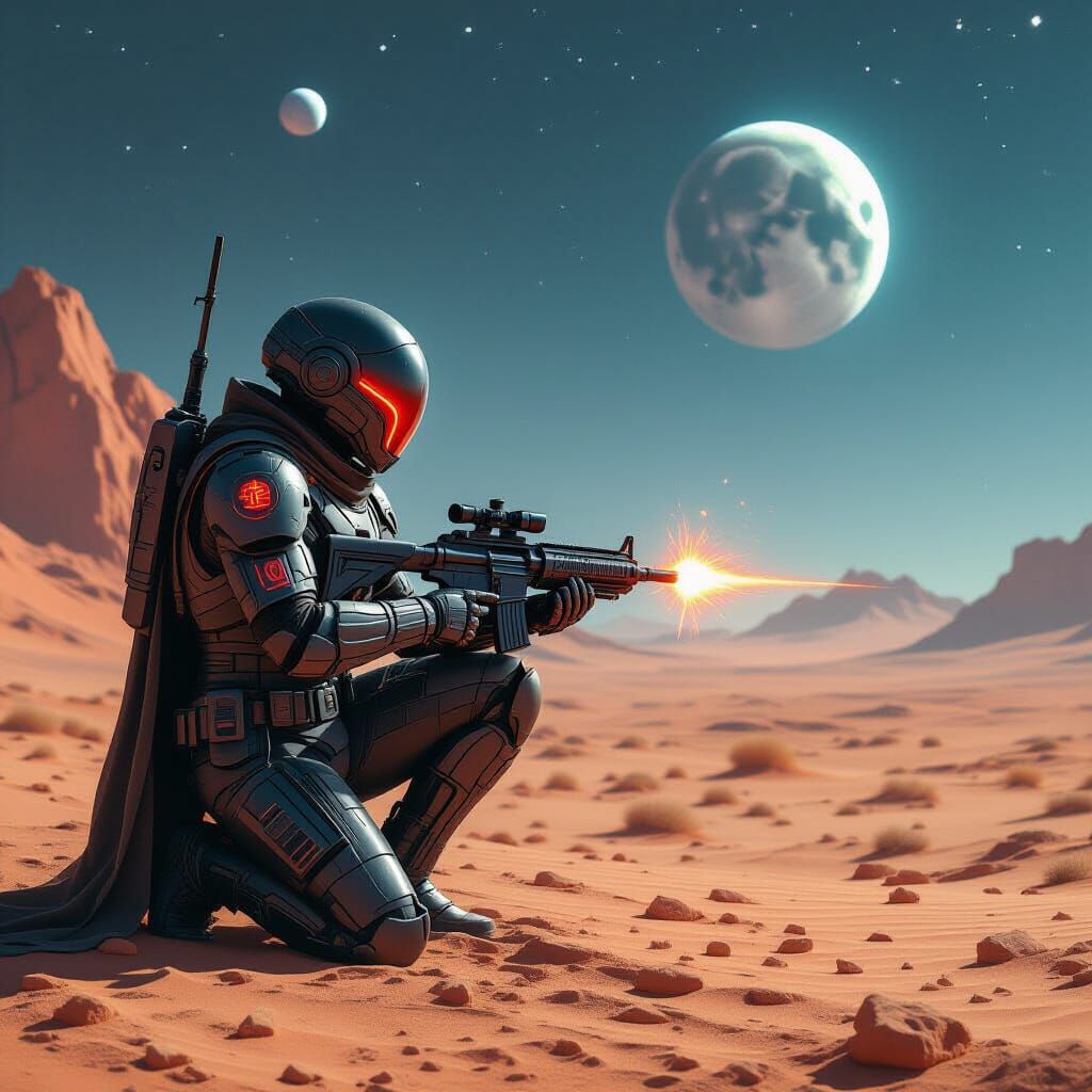 Futuristic Soldier on Alien Planet with Plasma Rifle