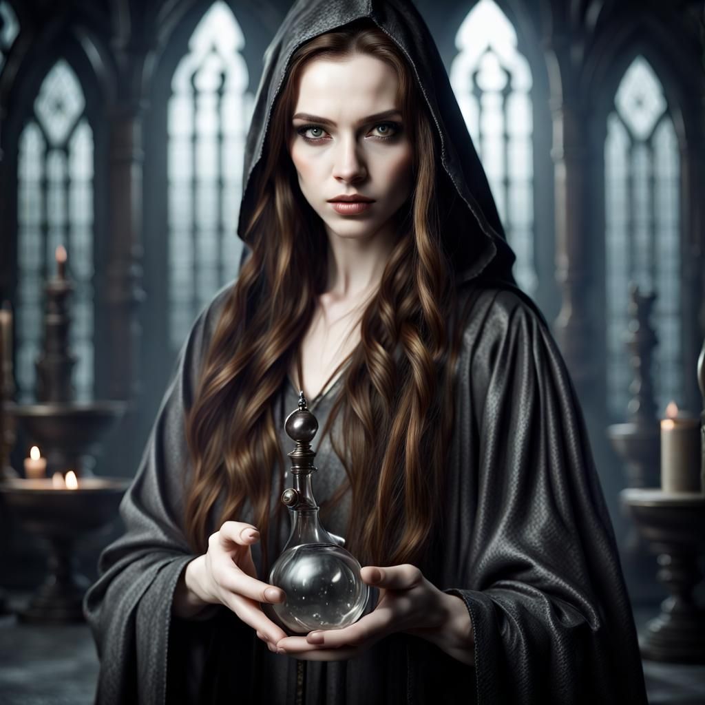 Photorealistic Young Sorceress in a Laboratory