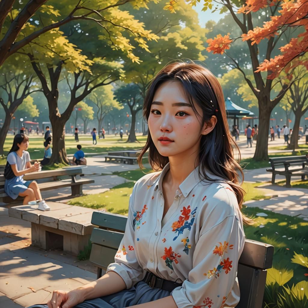Korean Girl Enjoying Afternoon in Park: Splash Art