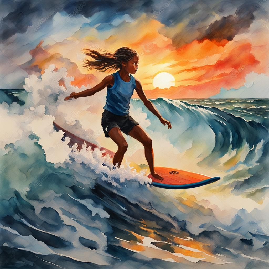 Girl Surfing Smoky Waves in Gouache Style