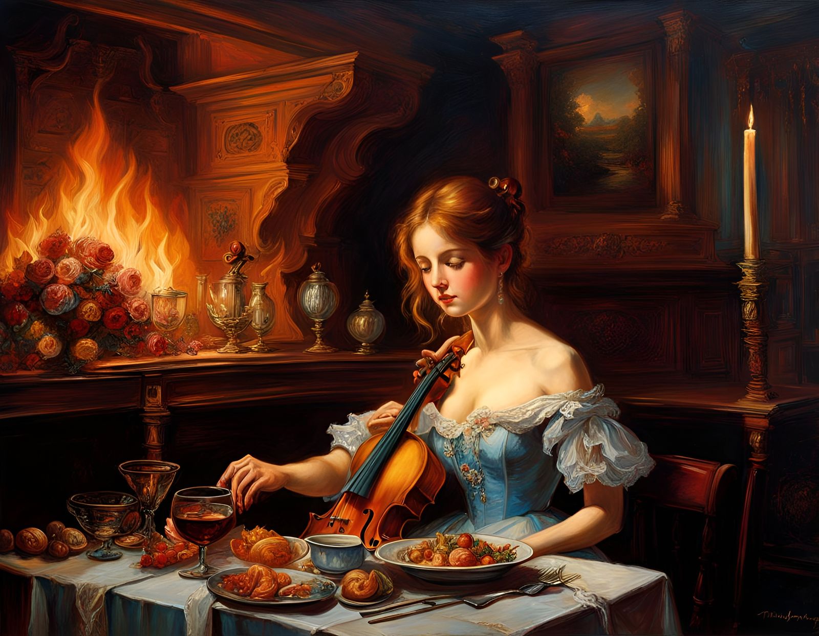 Firelight Violin Serenade in Restaurant, Oil Painting Style