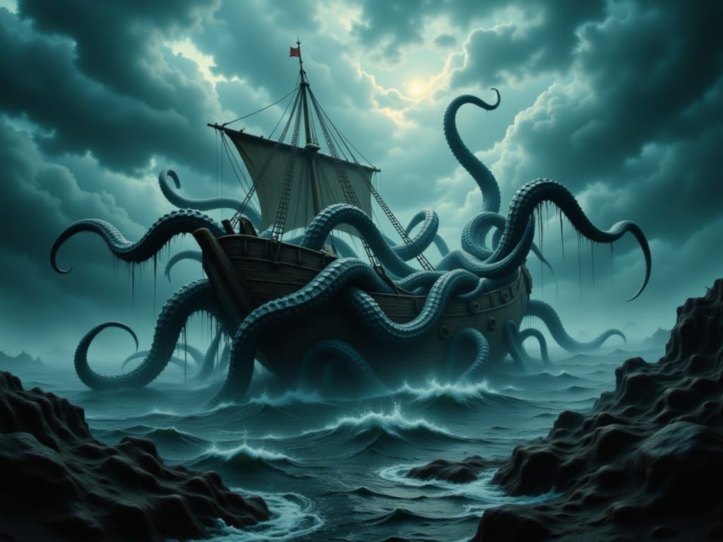 Kraken Attack on Ship in Lovecraftian Style