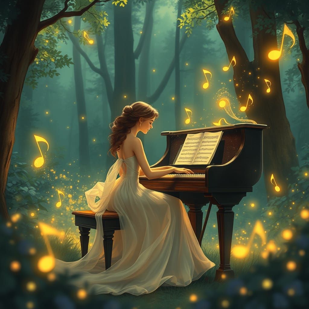 Ethereal Forest Piano Player in Whimsical Style