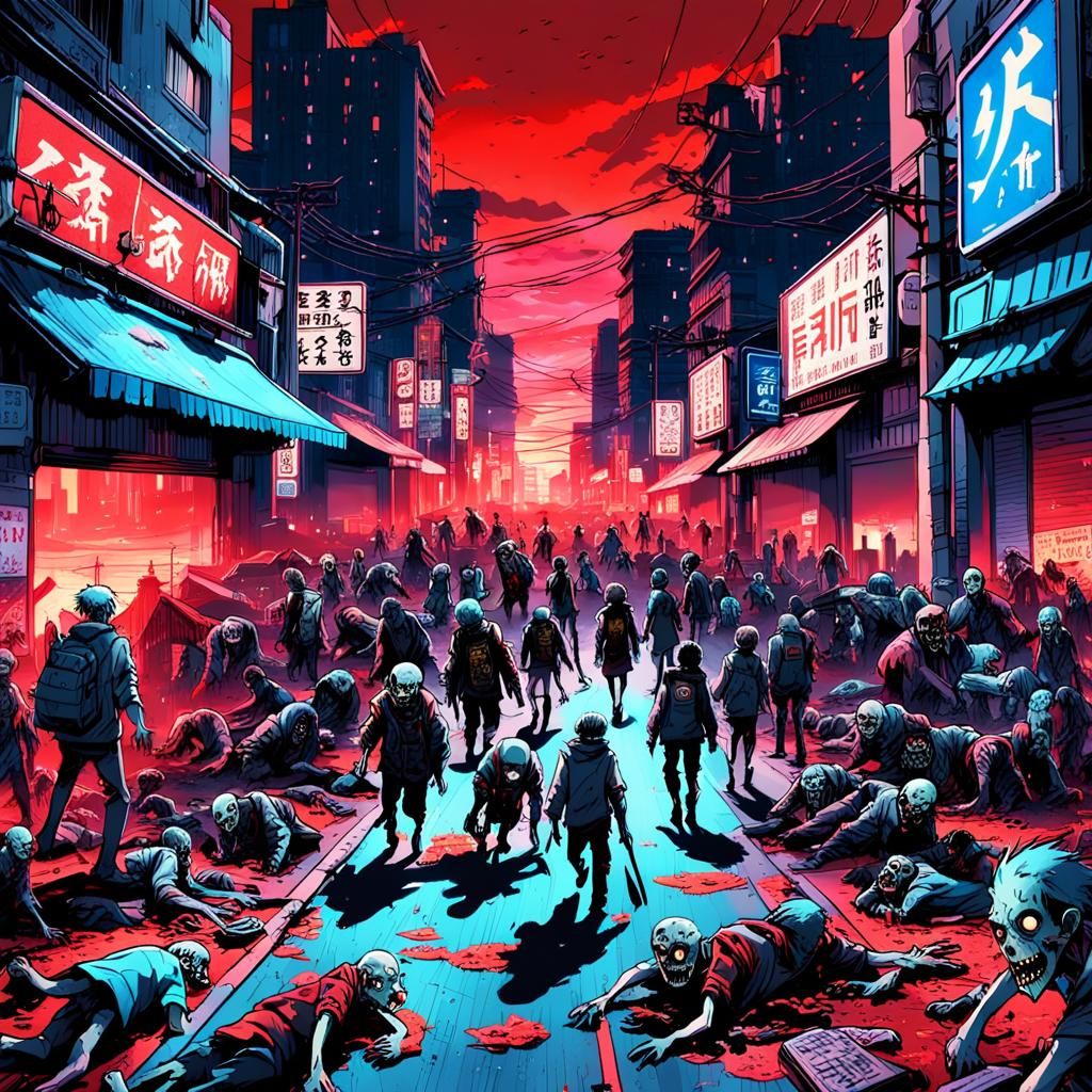 Eclipsed Cityscape: Zombie Horde in Anime Style