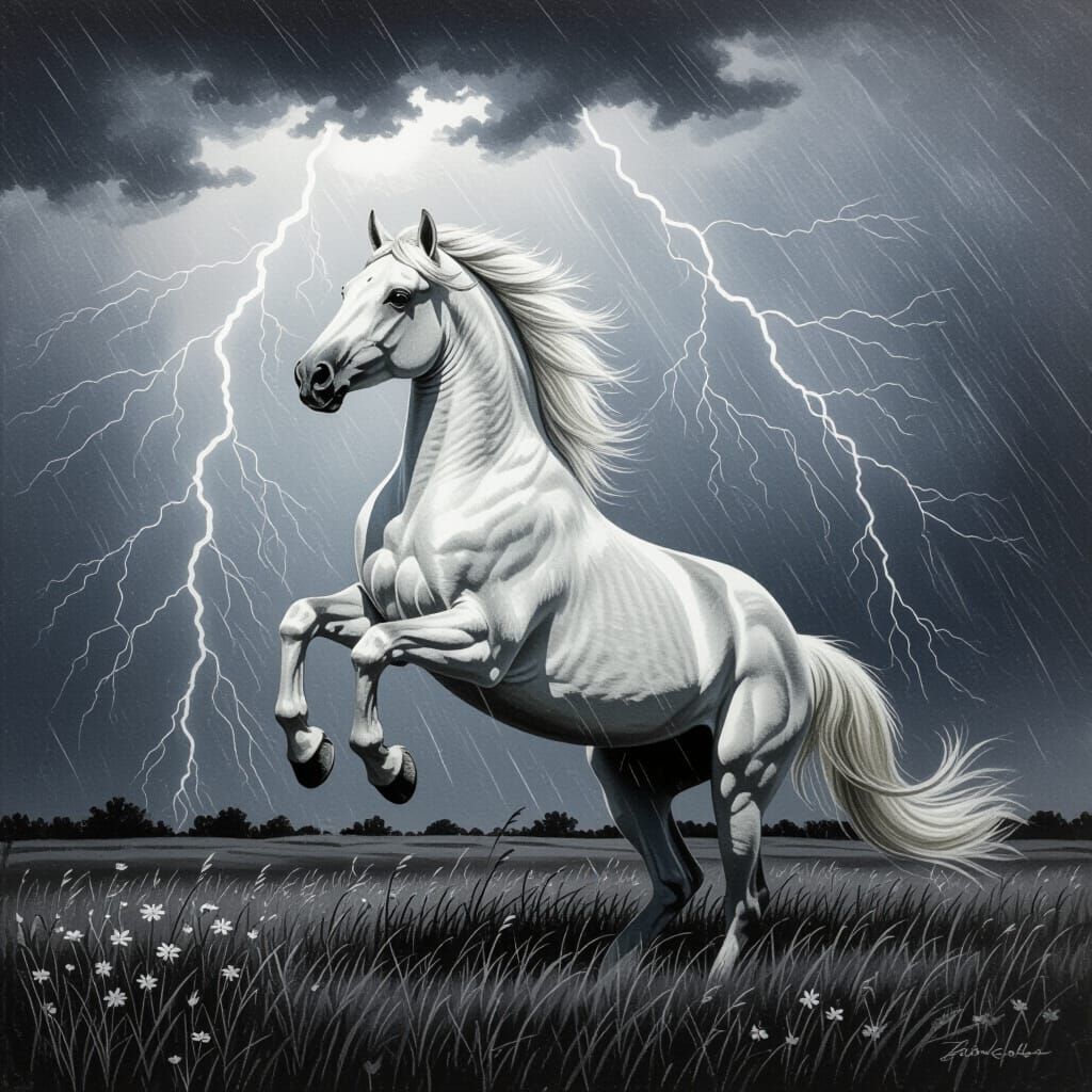 Majestic Stallion Rearing in Storm: Charcoal Art