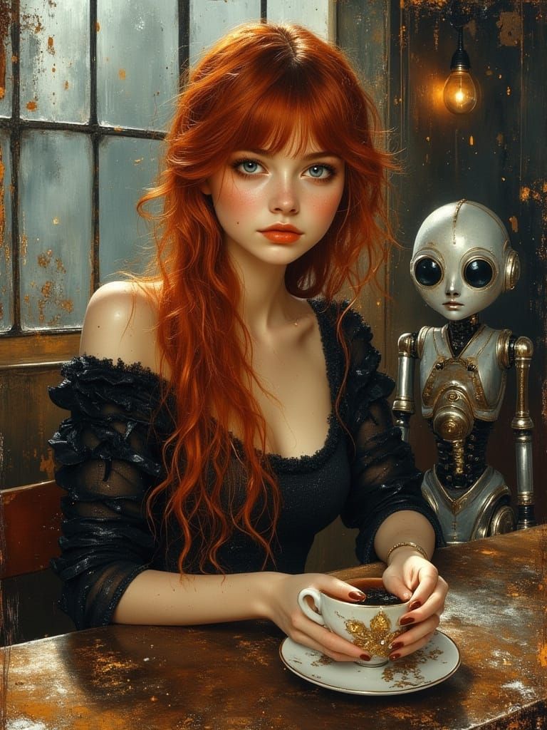 Futuristic Woman with Robot Friend in Cosmic Cafe