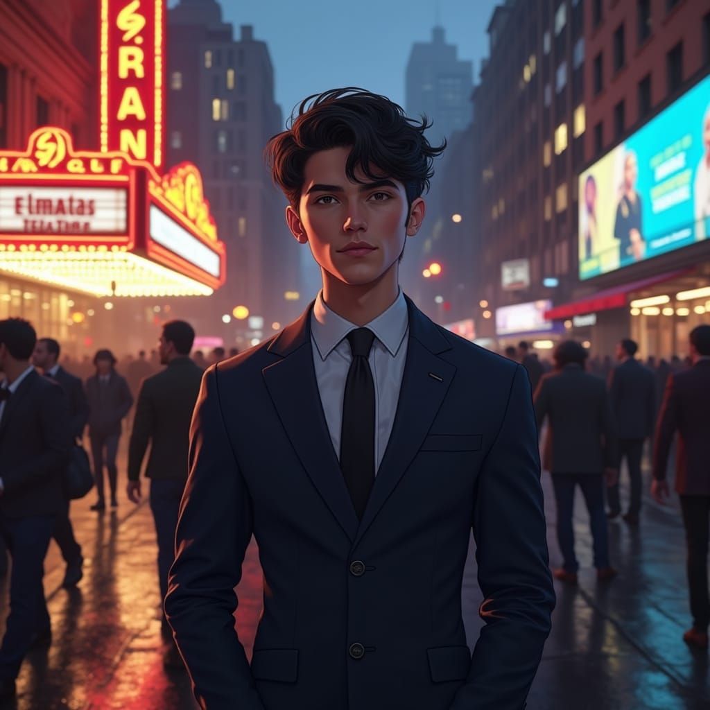 Hyperrealistic Man in Suit Outside Crowded Theater