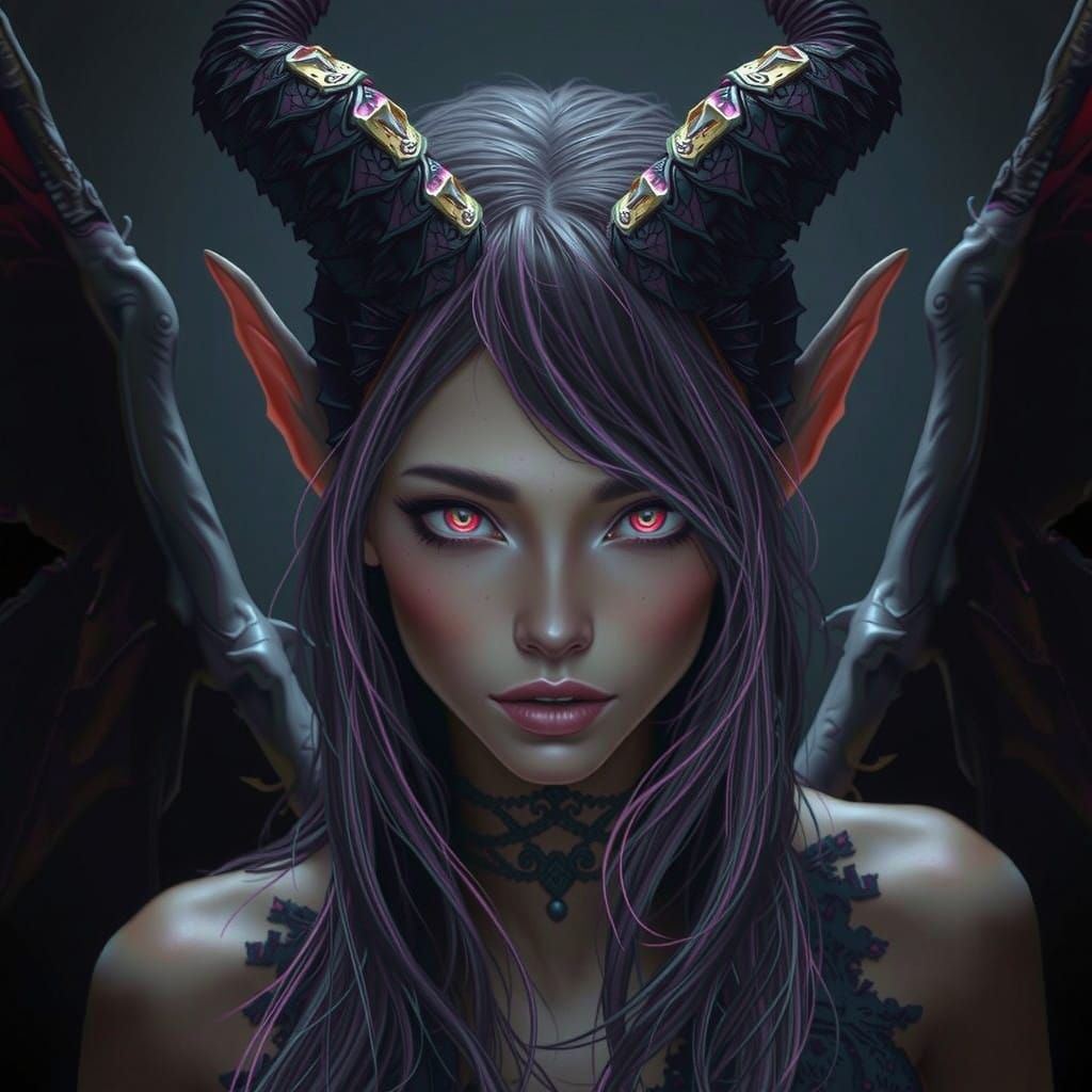 Majestic Dark Female Demon with Pink and Black Streaked Hair...