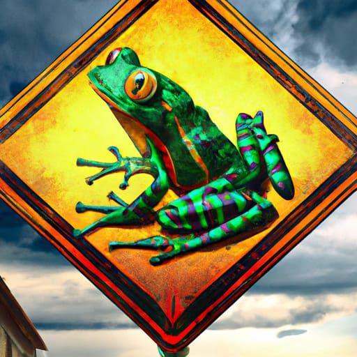 Frog on Road Sign: Detailed Digital Painting
