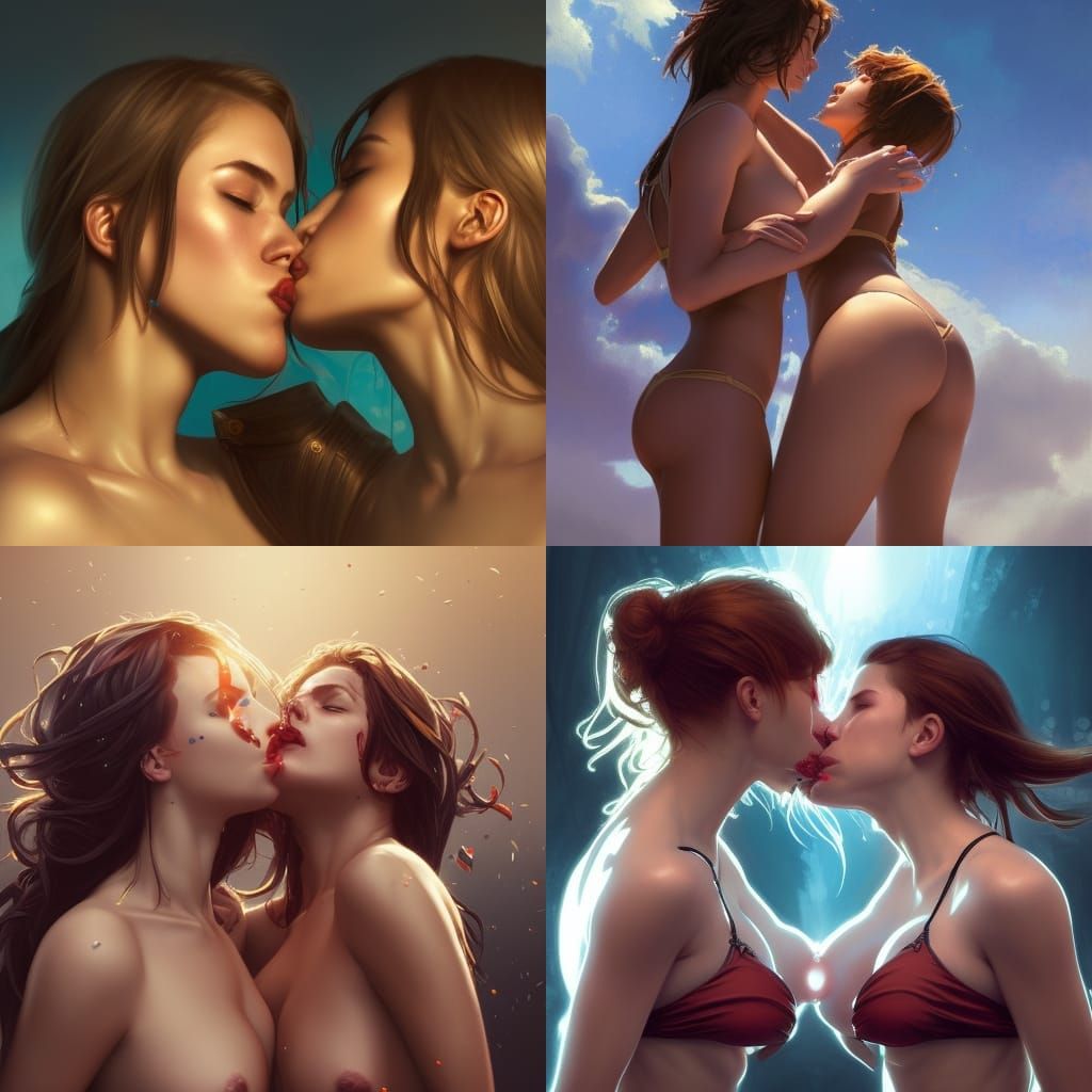 Bikini Girls Kissing: Hyperdetailed Portrait in Triadic Colo...