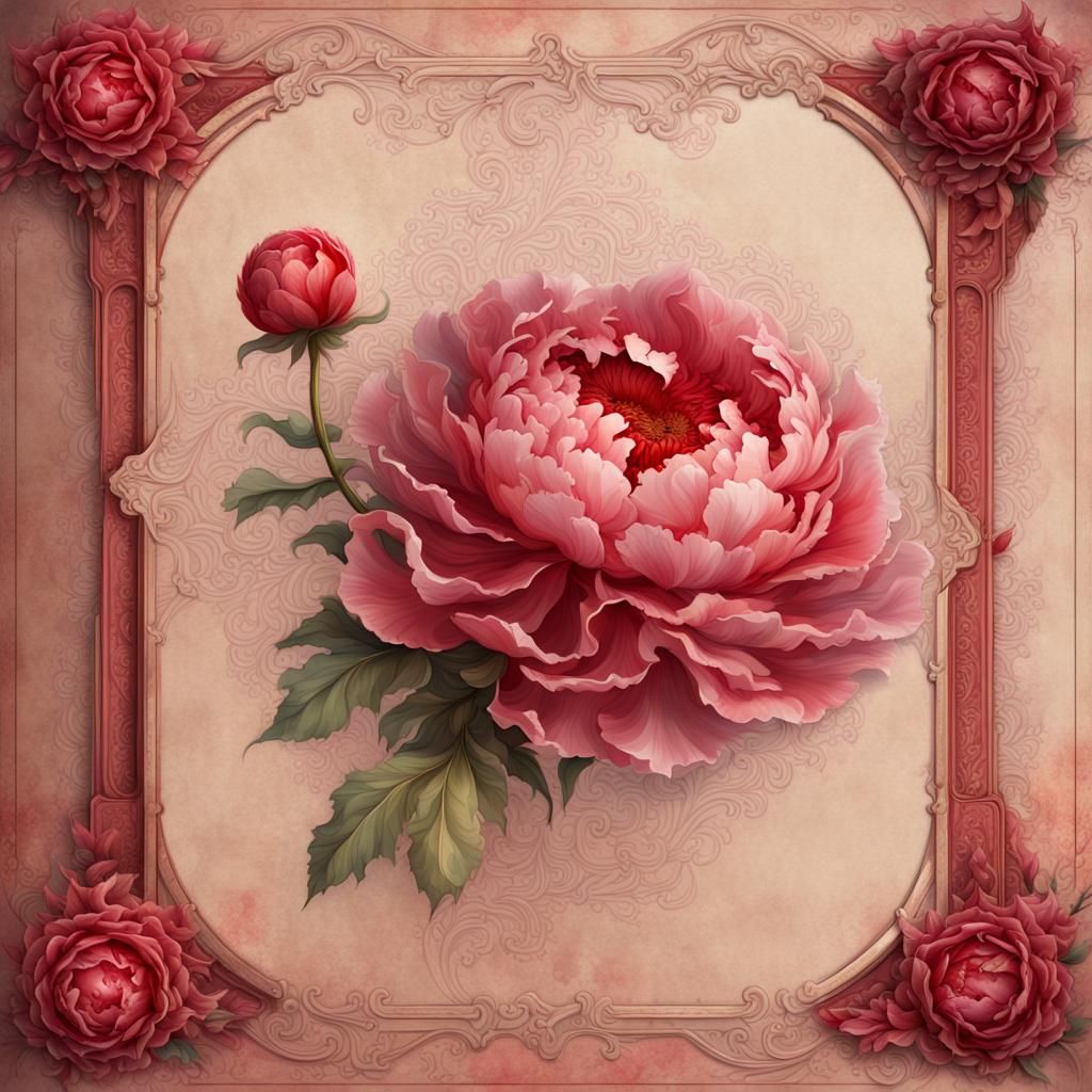 Vintage Watercolor Peonies with Rococo Frame
