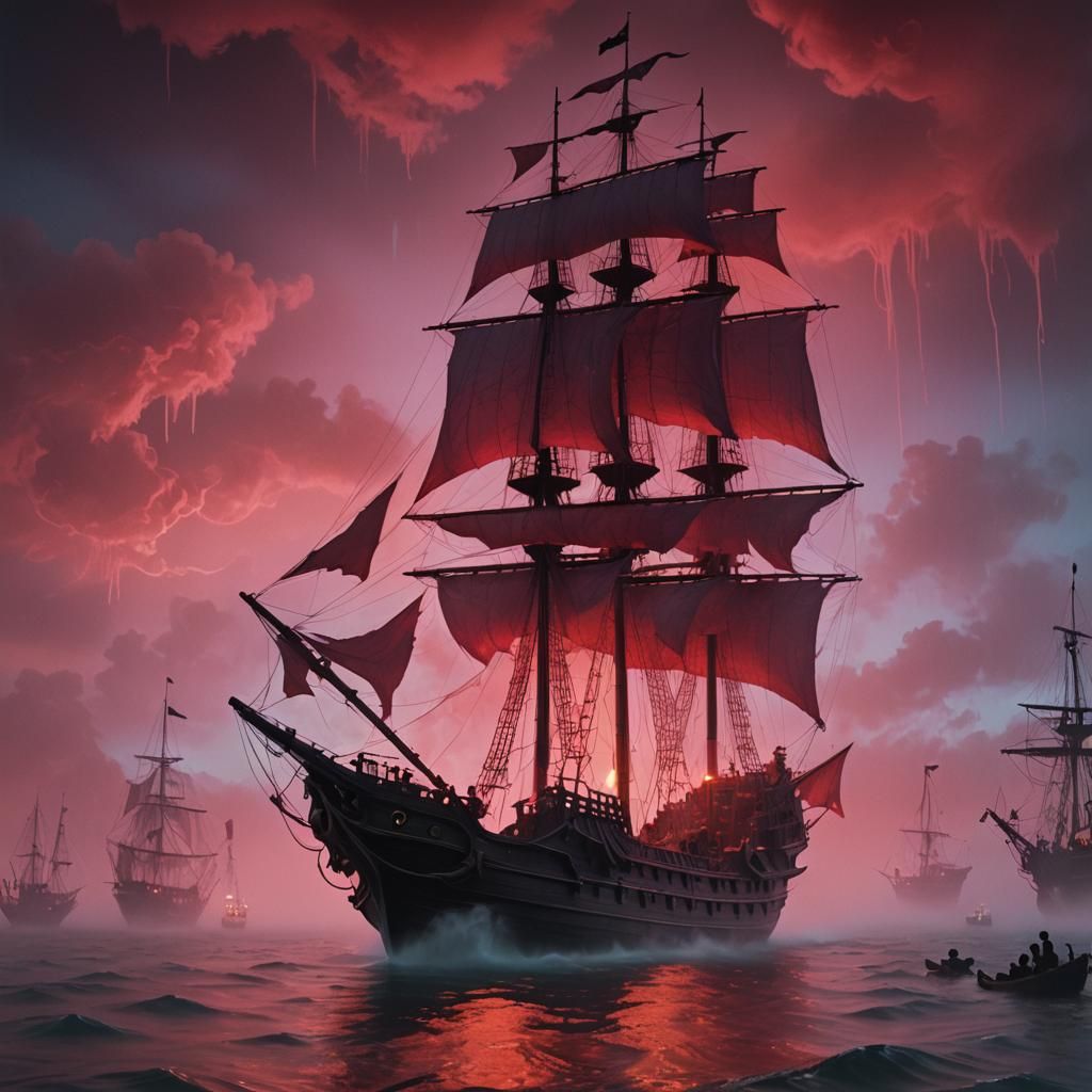 Ethereal Ghost Pirate Ship with Neon Sails