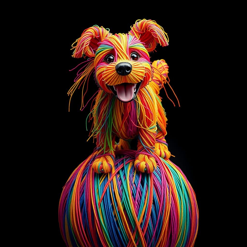 Smiling String Dog on Ball: Fantasy Airbrush Art