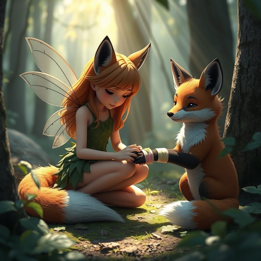 Anime Fairy Bandaging Fox Paw in Forest Sunlight