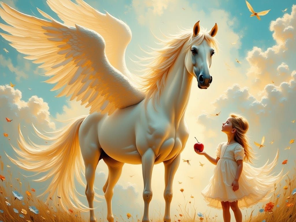 Majestic Winged Horse in Soft Dreamy Impasto Oil Painting