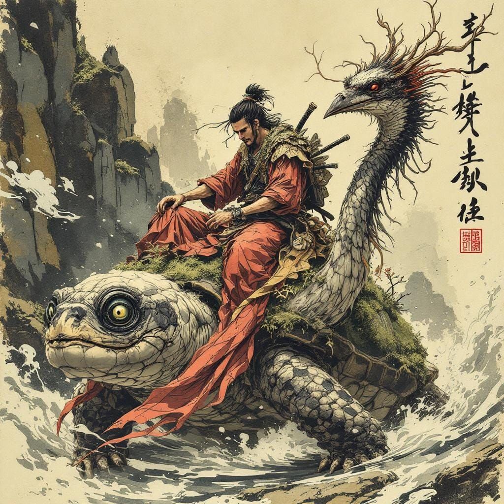 Ronin Rides Crane-Turtle in Wabi-Sabi Comic Art