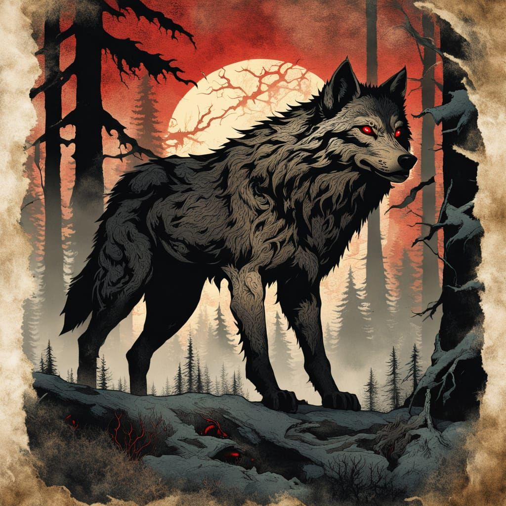 Ethereal Wolf Stalks Moonlit Forest in Distressed Ink Illust...