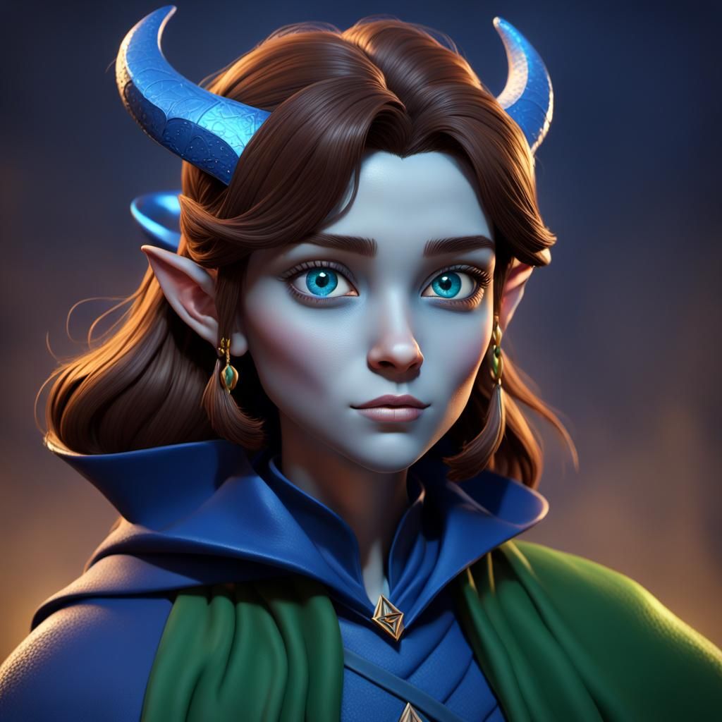 Tiefling Wizard with Sapphire Amulet in 3D Digital Art