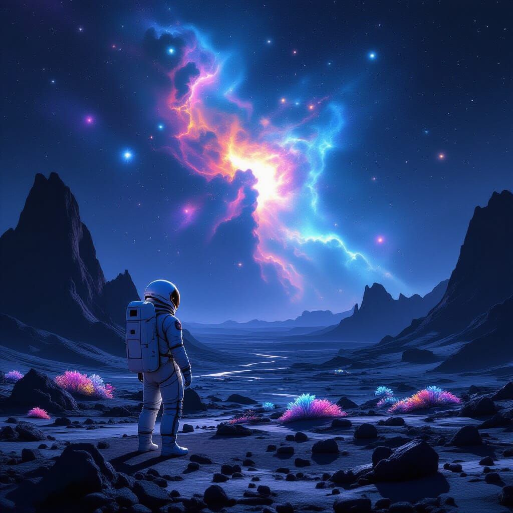 Astronaut Gazes at Crystalline Nebula on Alien World