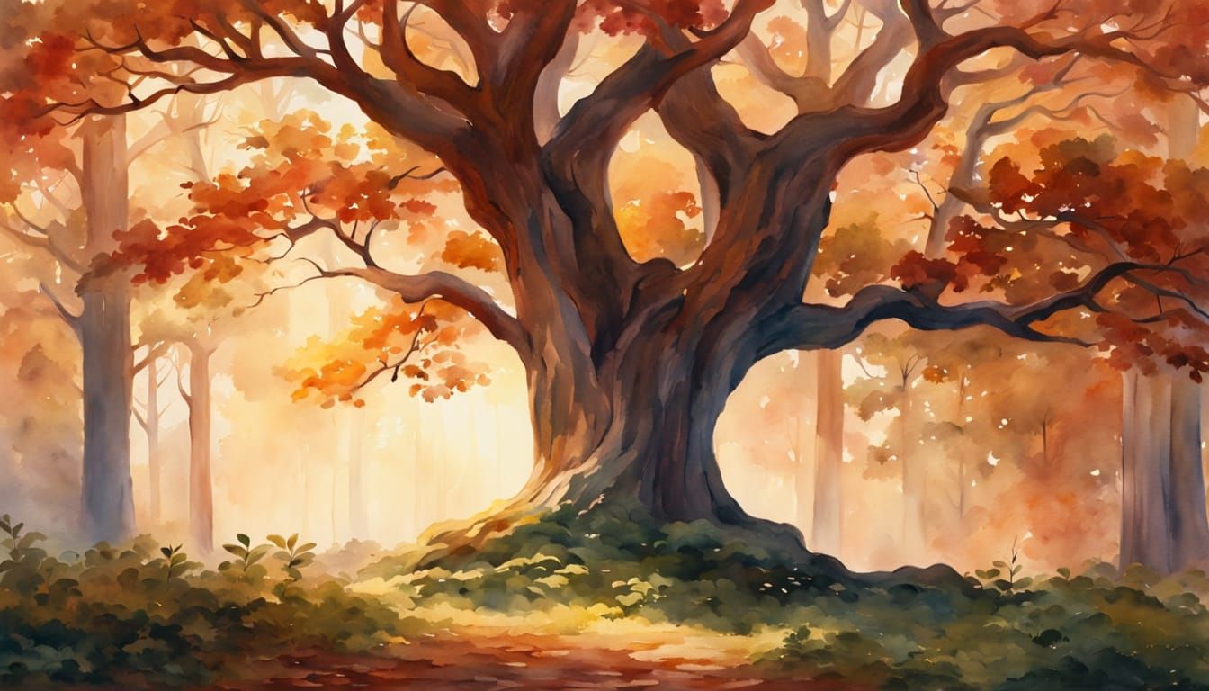 Watercolor Tree of Life in Forest Landscape