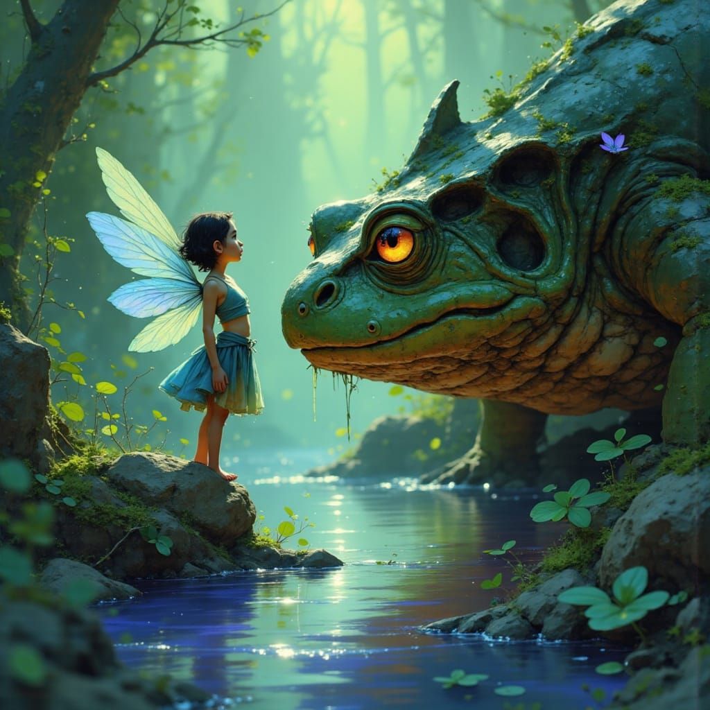 Fairy and Dragon-Toad Face-Off in Fantastic Realism