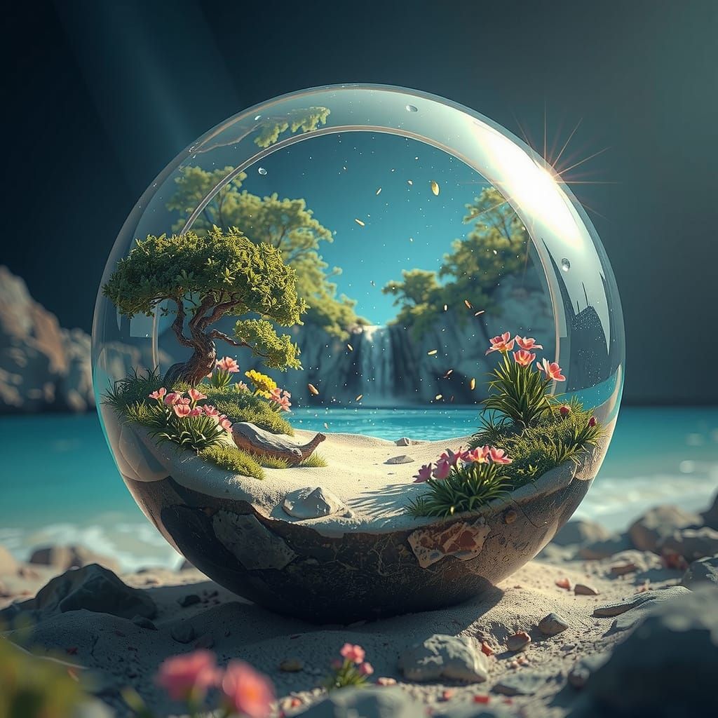 Sunlit Crystal Formation on White Sand, Digital Art