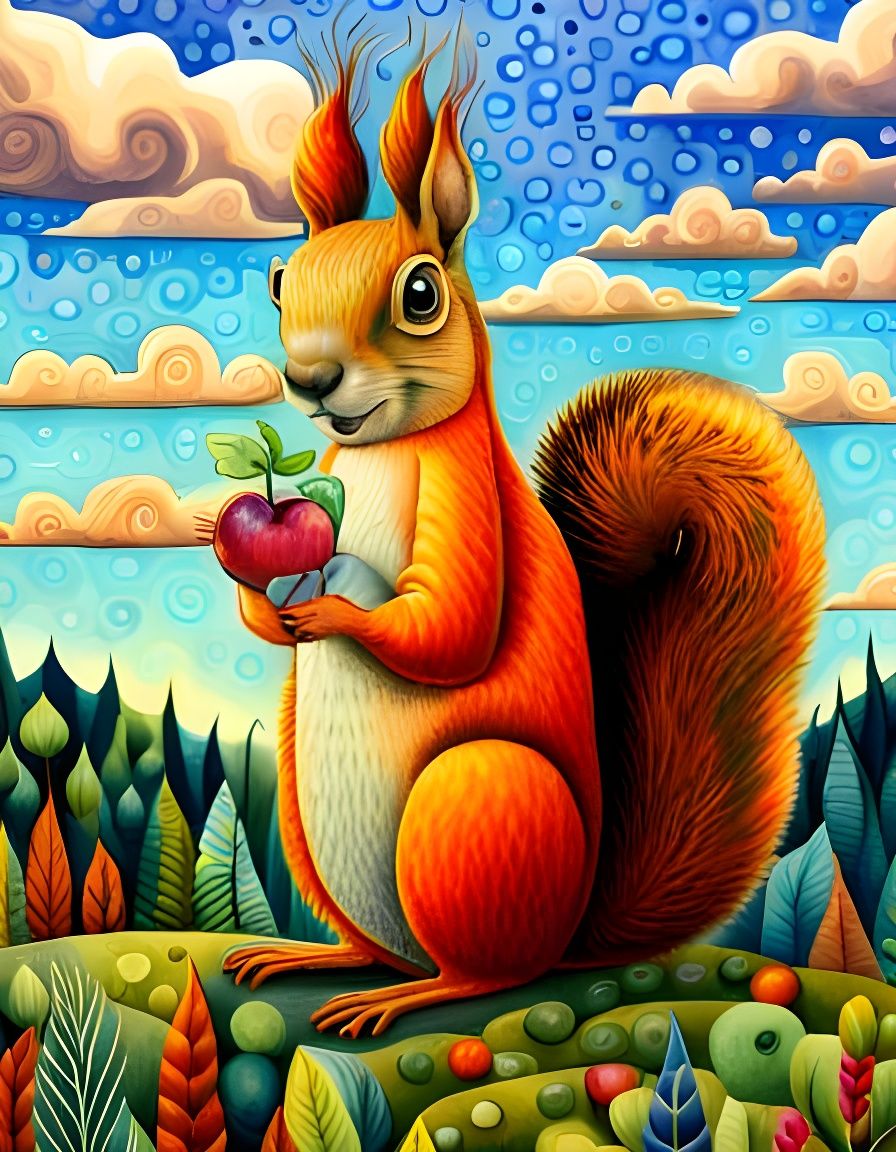 Happy Squirrel in Cubist Watercolor Style