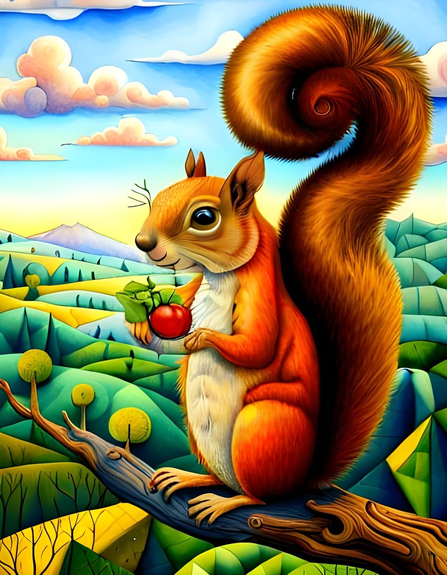 Happy Cubist Squirrel in Watercolor Style