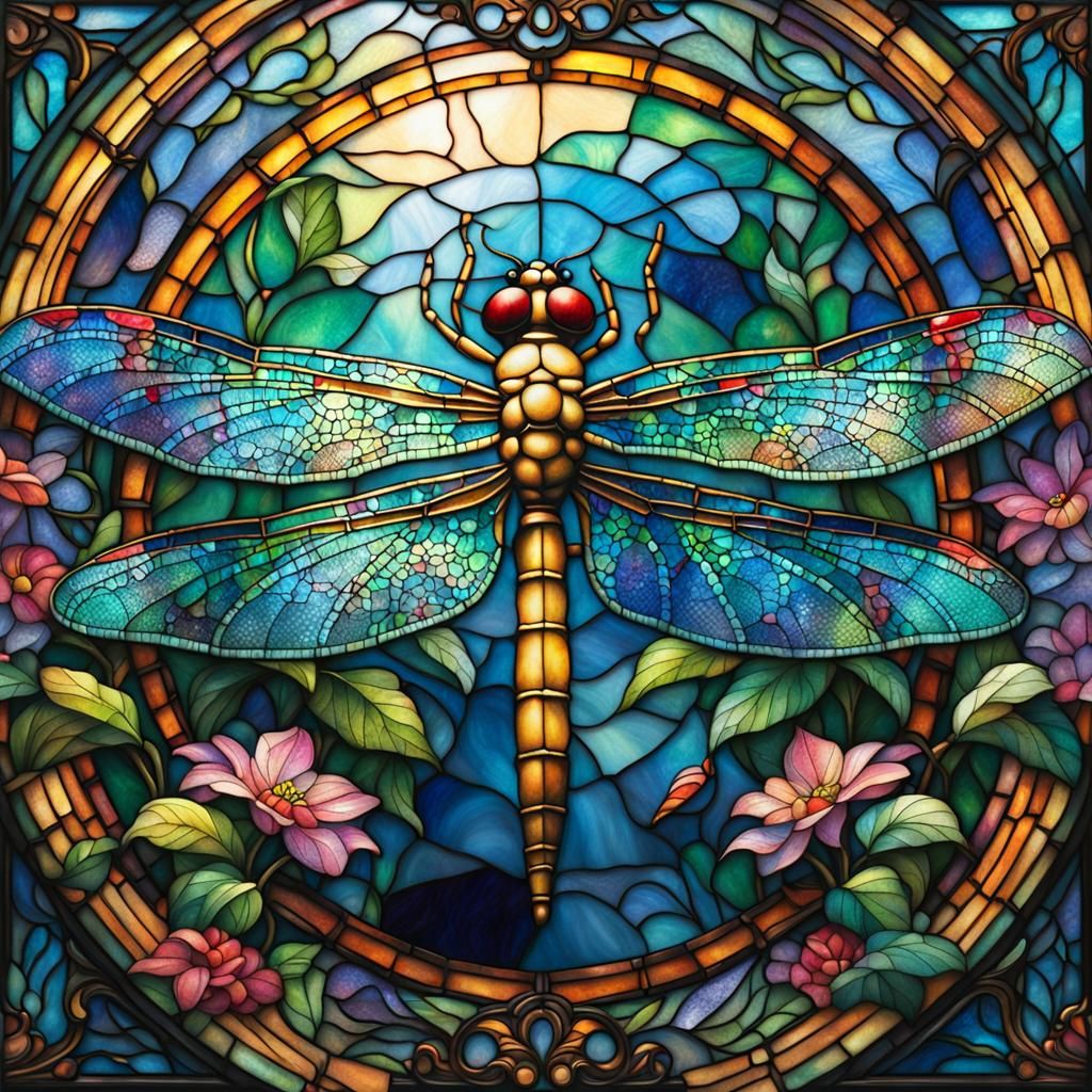 Ethereal Stained Glass Dragonfly in Fantasy Mist