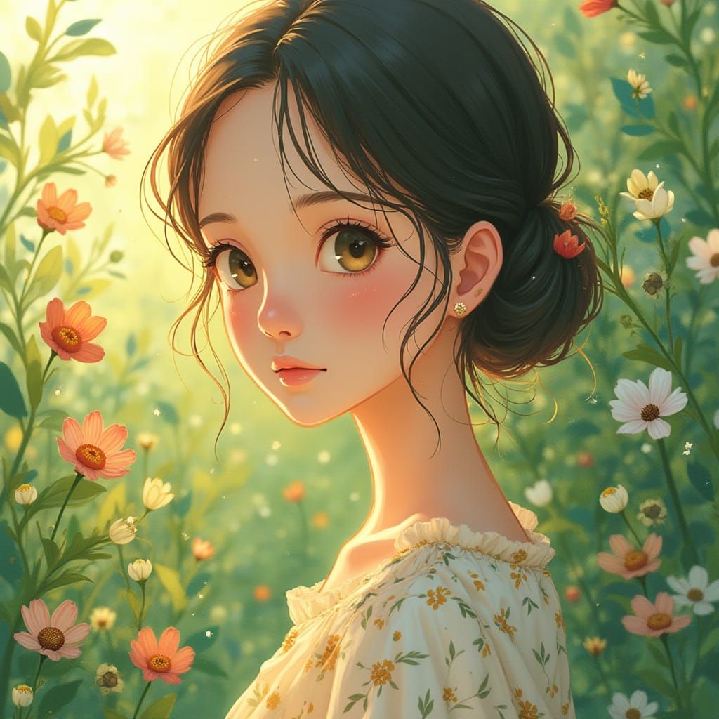 Whimsical Studio Ghibli Portrait with Watercolor Textures an...